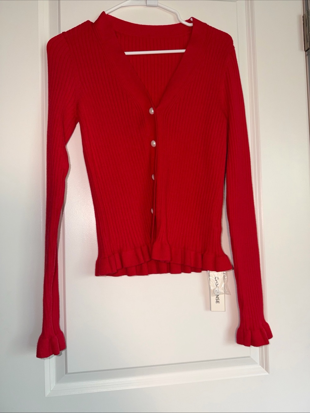 Commense Red Ribbed V-Neck Cardigan with Ruffle Hem - Picture 2 of 7